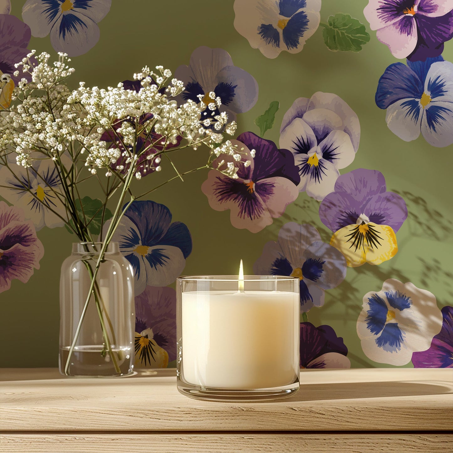 PANSY PARTY VINTAGE SOFT SAGE WALLPAPER