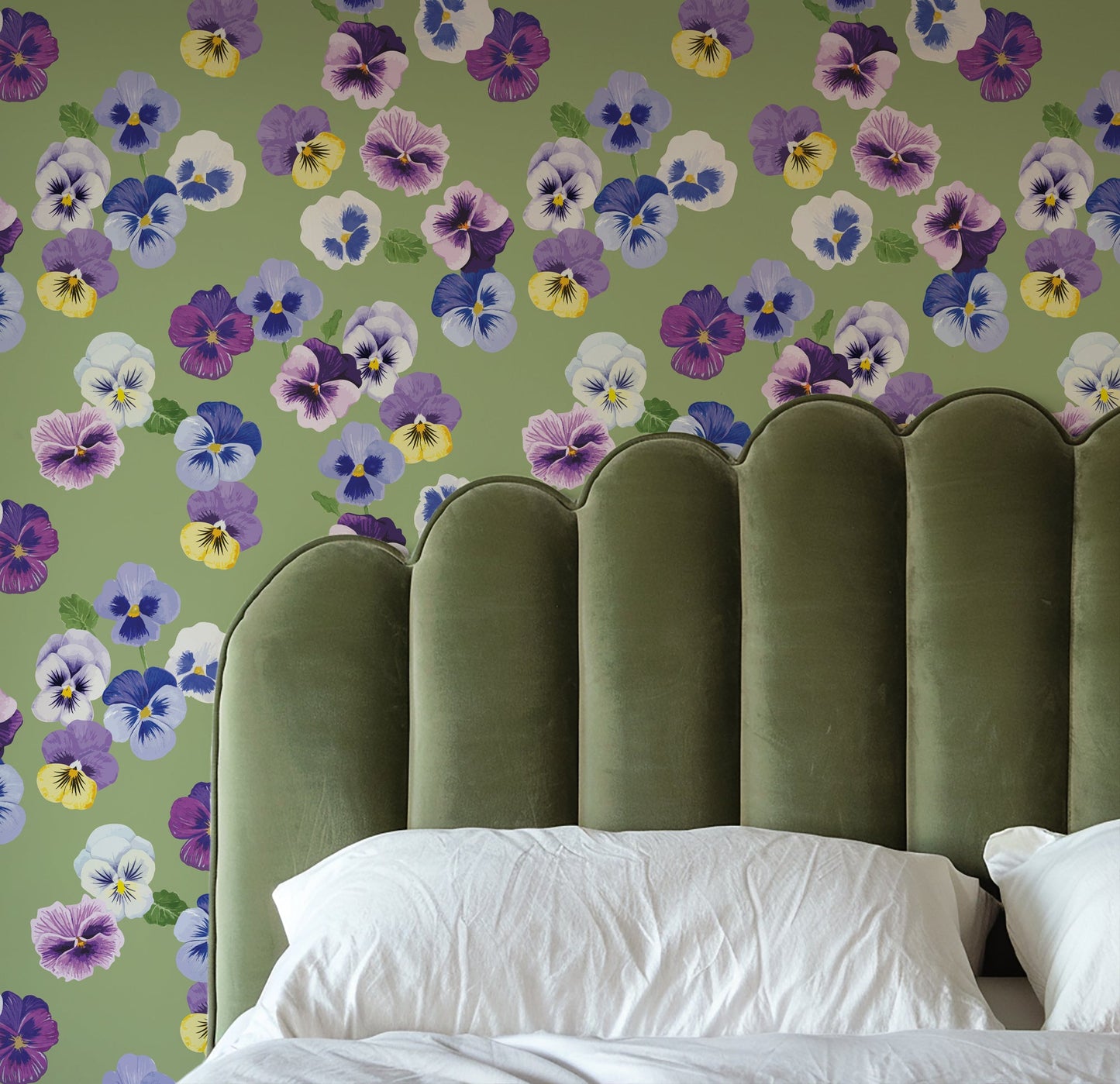PANSY PARTY VINTAGE SOFT SAGE WALLPAPER