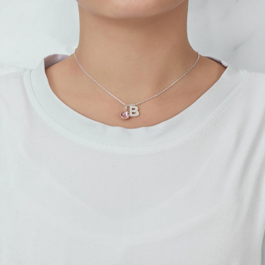 Pave Initial B Necklace with Birthstone Charm Created with Zircondia® Crystals