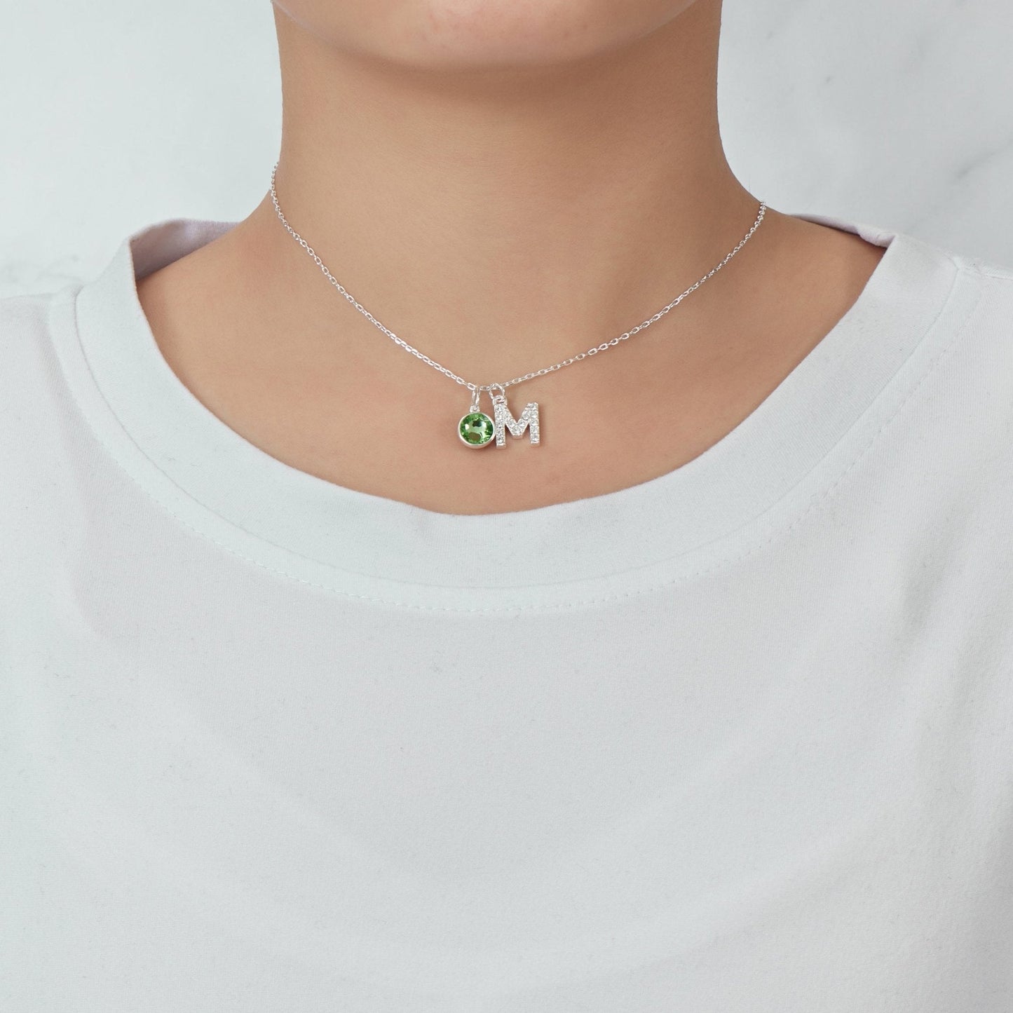 Pave Initial M Necklace with Birthstone Charm Created with Zircondia® Crystals