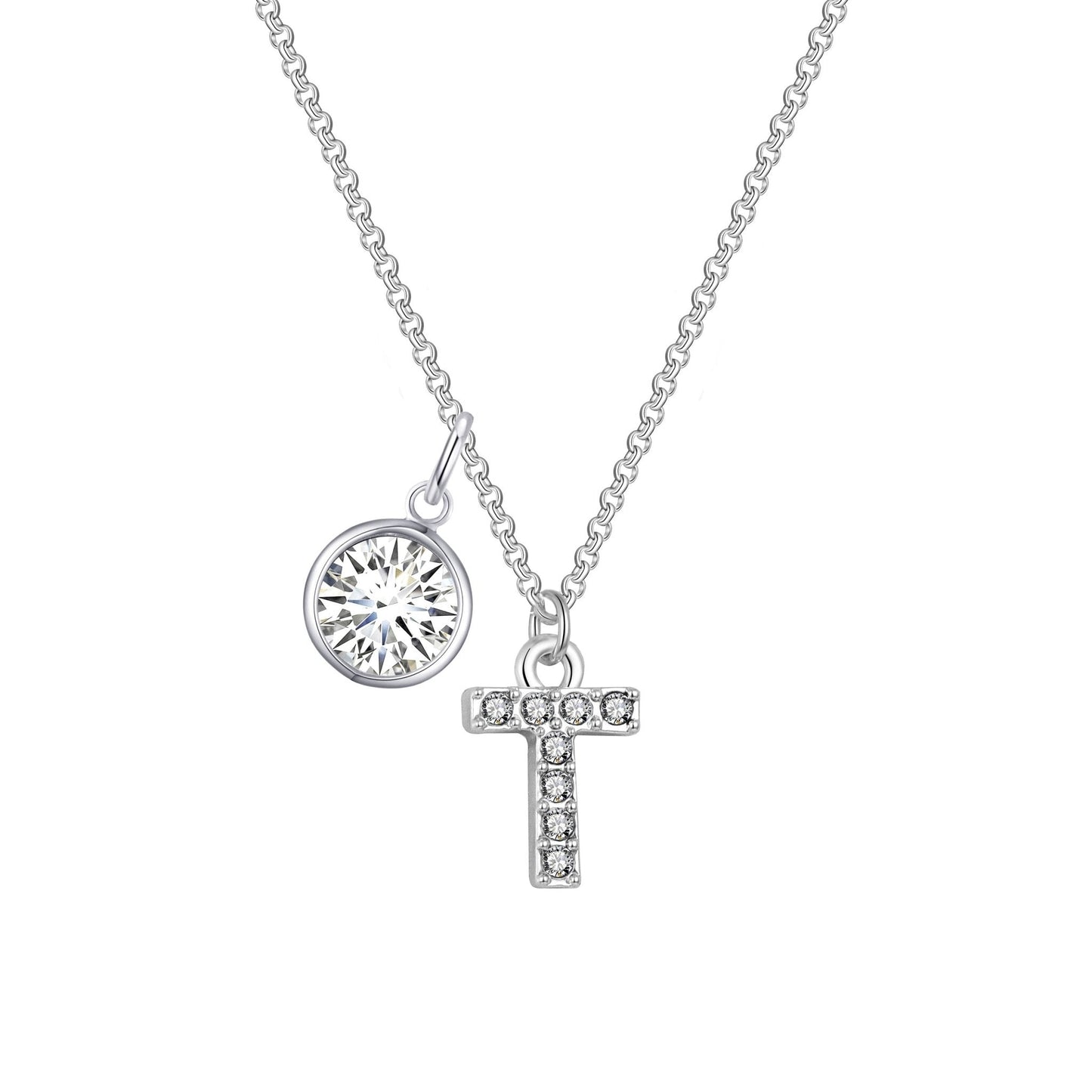 Pave Initial T Necklace with Birthstone Charm Created with Zircondia® Crystals