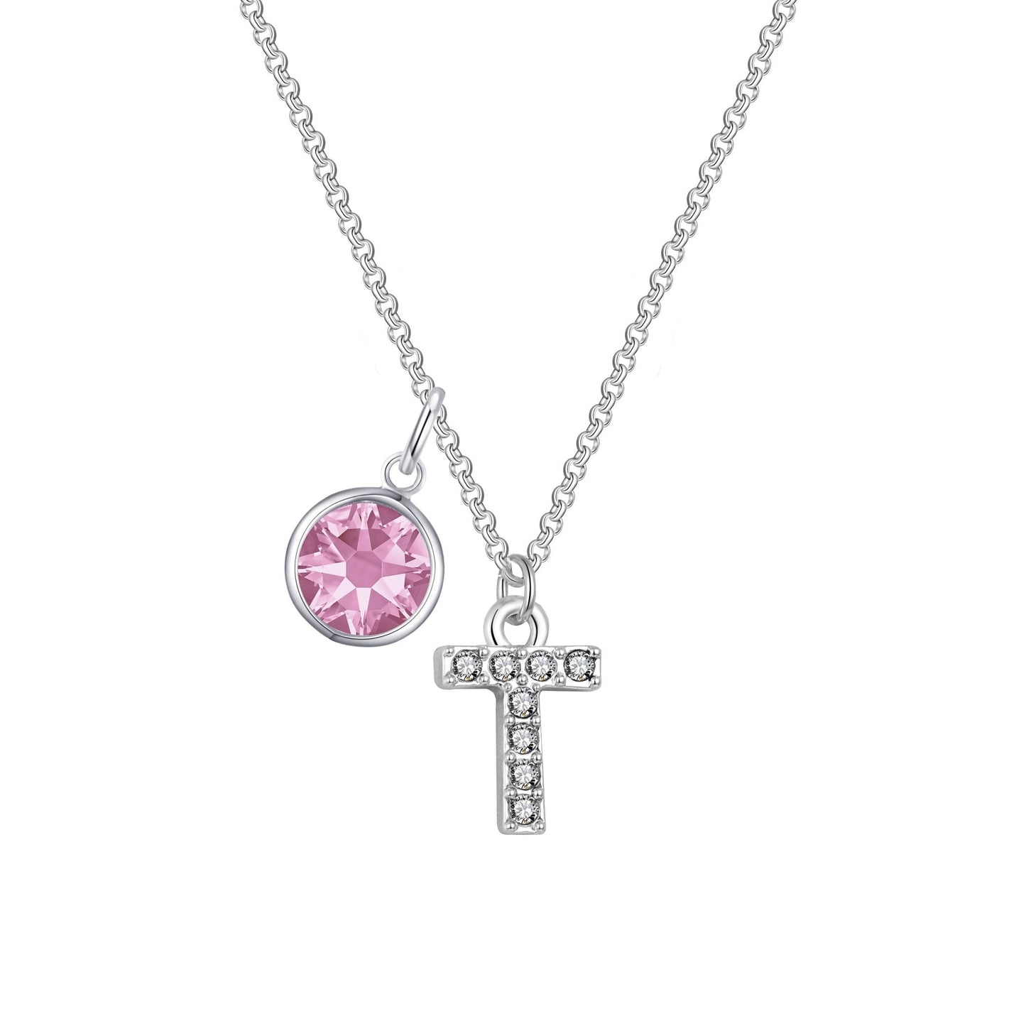 Pave Initial T Necklace with Birthstone Charm Created with Zircondia® Crystals