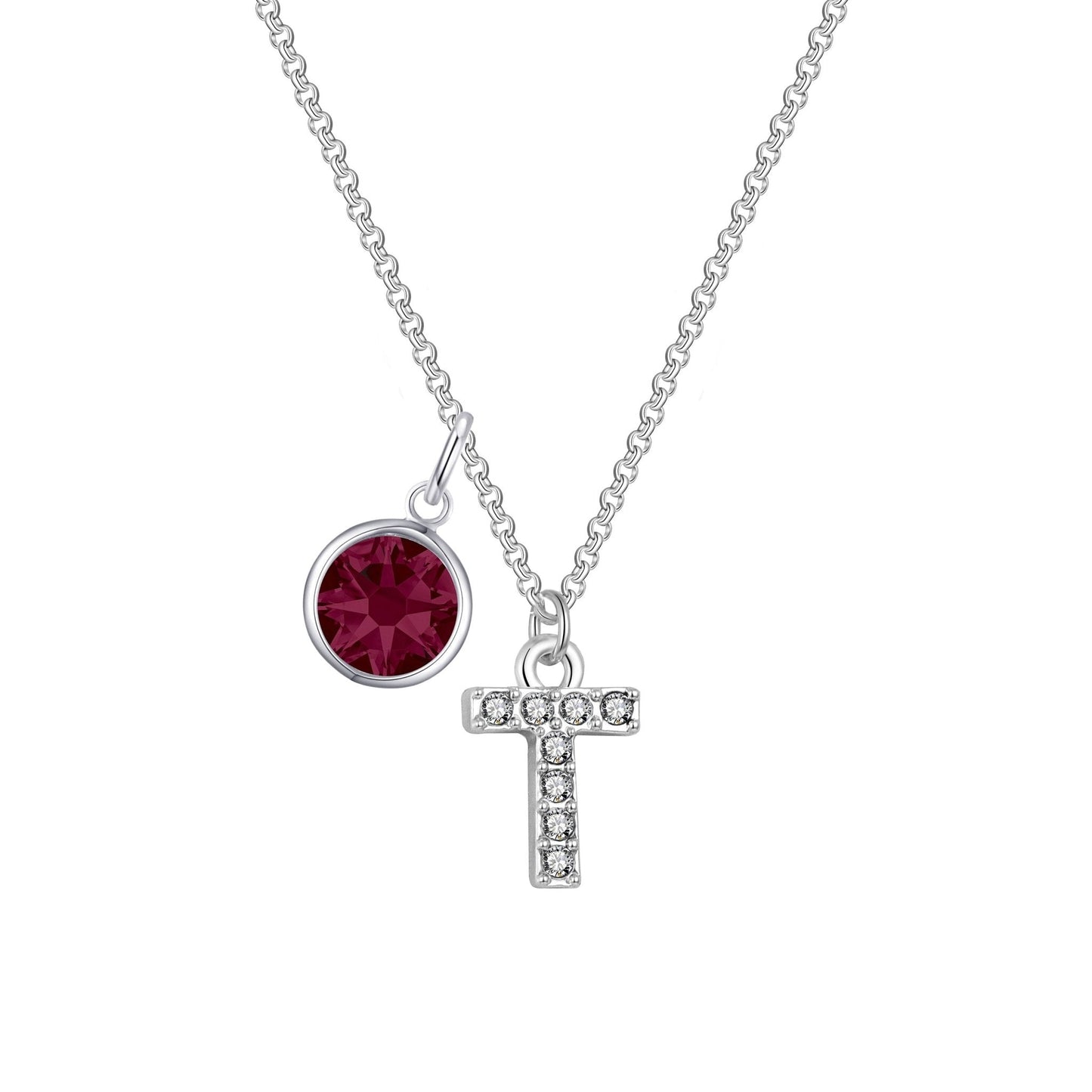 Pave Initial T Necklace with Birthstone Charm Created with Zircondia® Crystals
