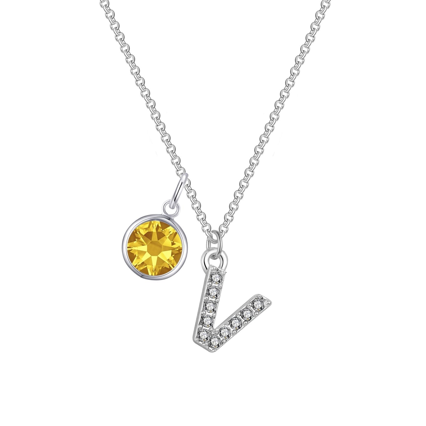 Pave Initial V Necklace with Birthstone Charm Created with Zircondia® Crystals
