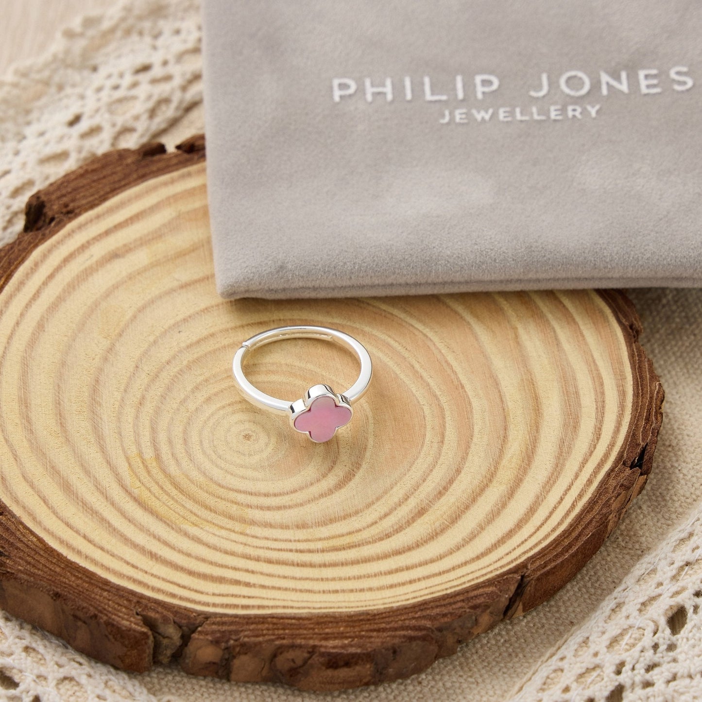 Pink Mother of Pearl Gemstone Adjustable Clover Ring