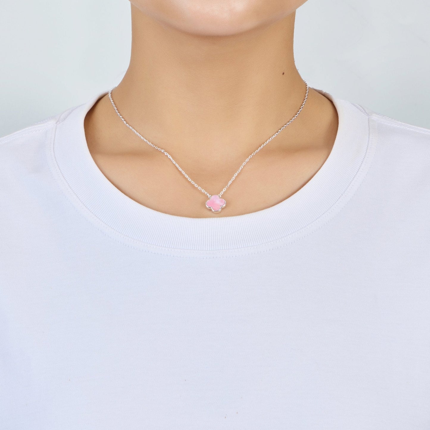 Pink Mother of Pearl Gemstone Clover Necklace