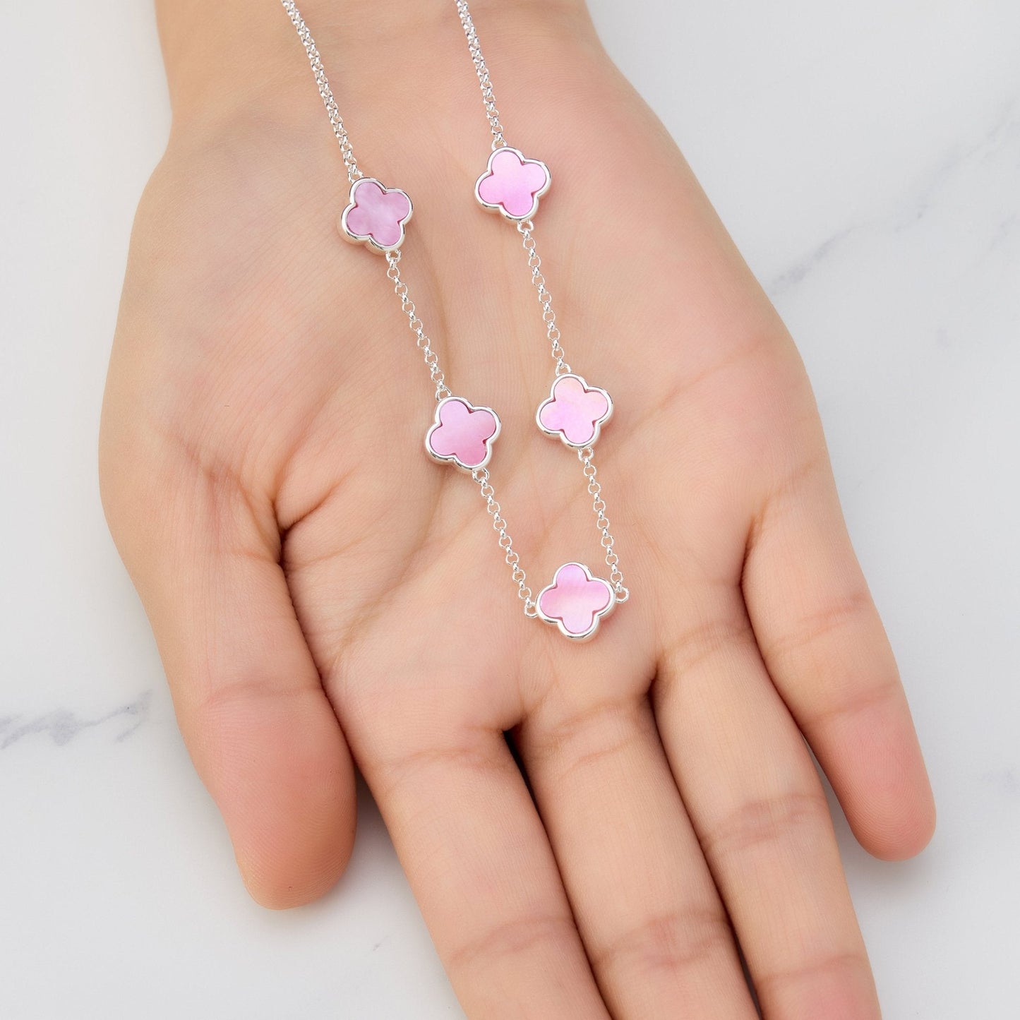 Pink Mother of Pearl Gemstone Multi Clover Necklace