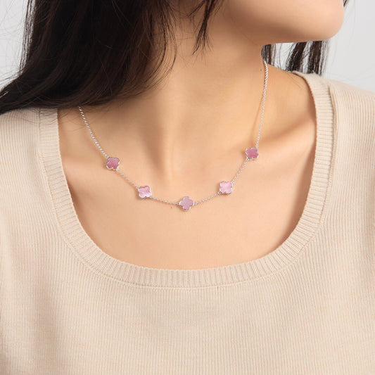 Pink Mother of Pearl Gemstone Multi Clover Necklace