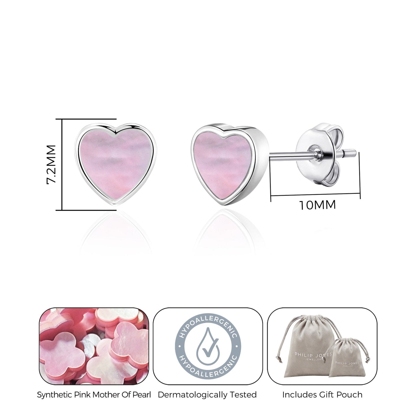 Pink Mother of Pearl Heart Stud Earrings with Quote Card