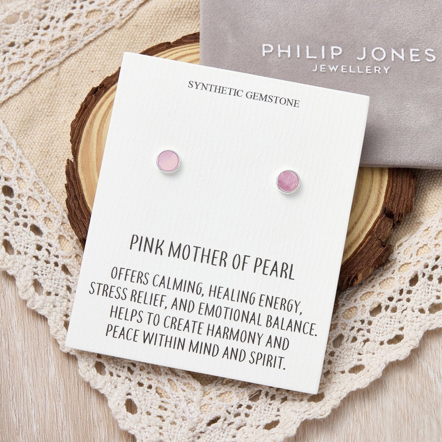 Pink Mother of Pearl Stud Earrings with Quote Card