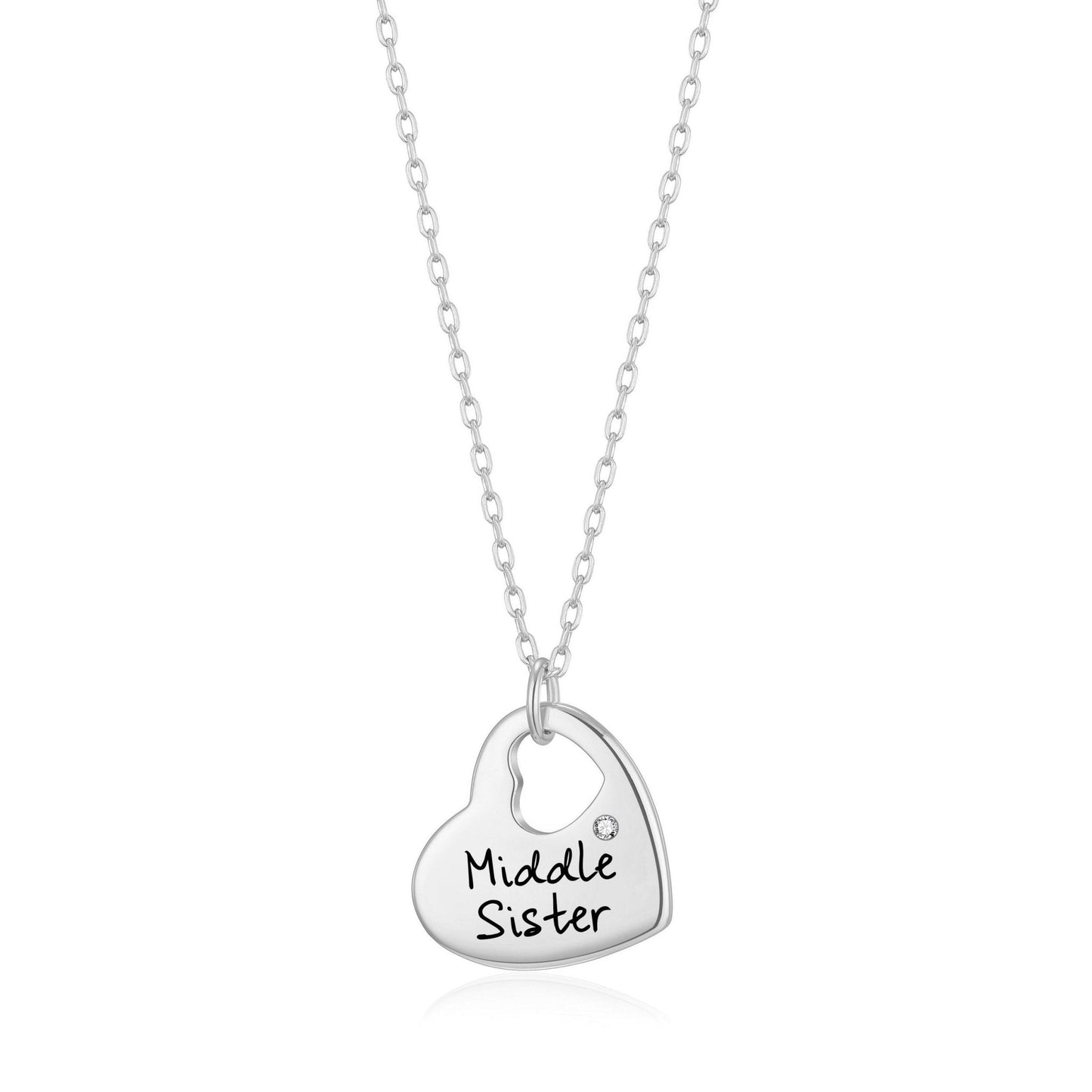 Rhodium Plated Middle Sister Heart Necklace Created with Zircondia® Crystals