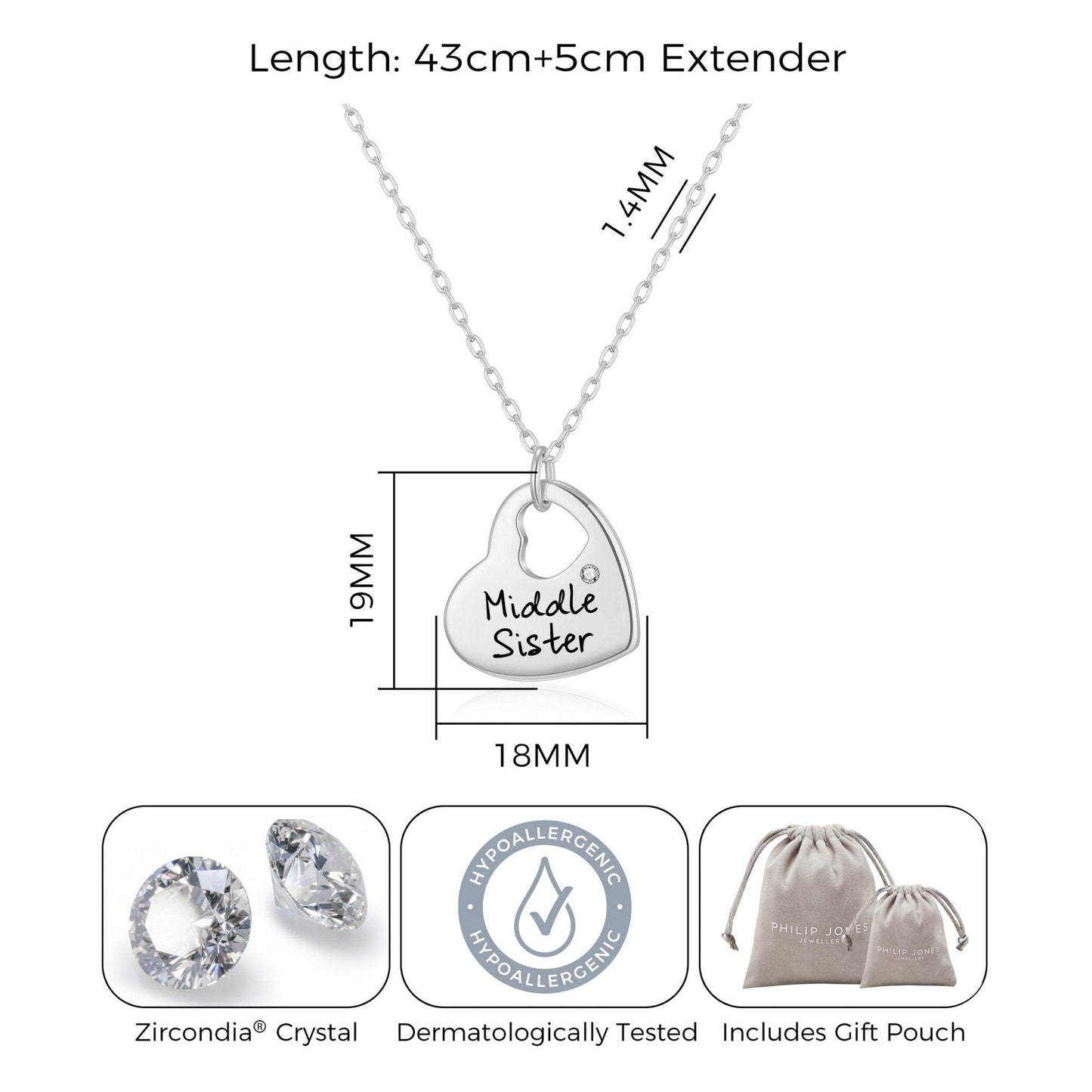 Rhodium Plated Middle Sister Heart Necklace Created with Zircondia® Crystals