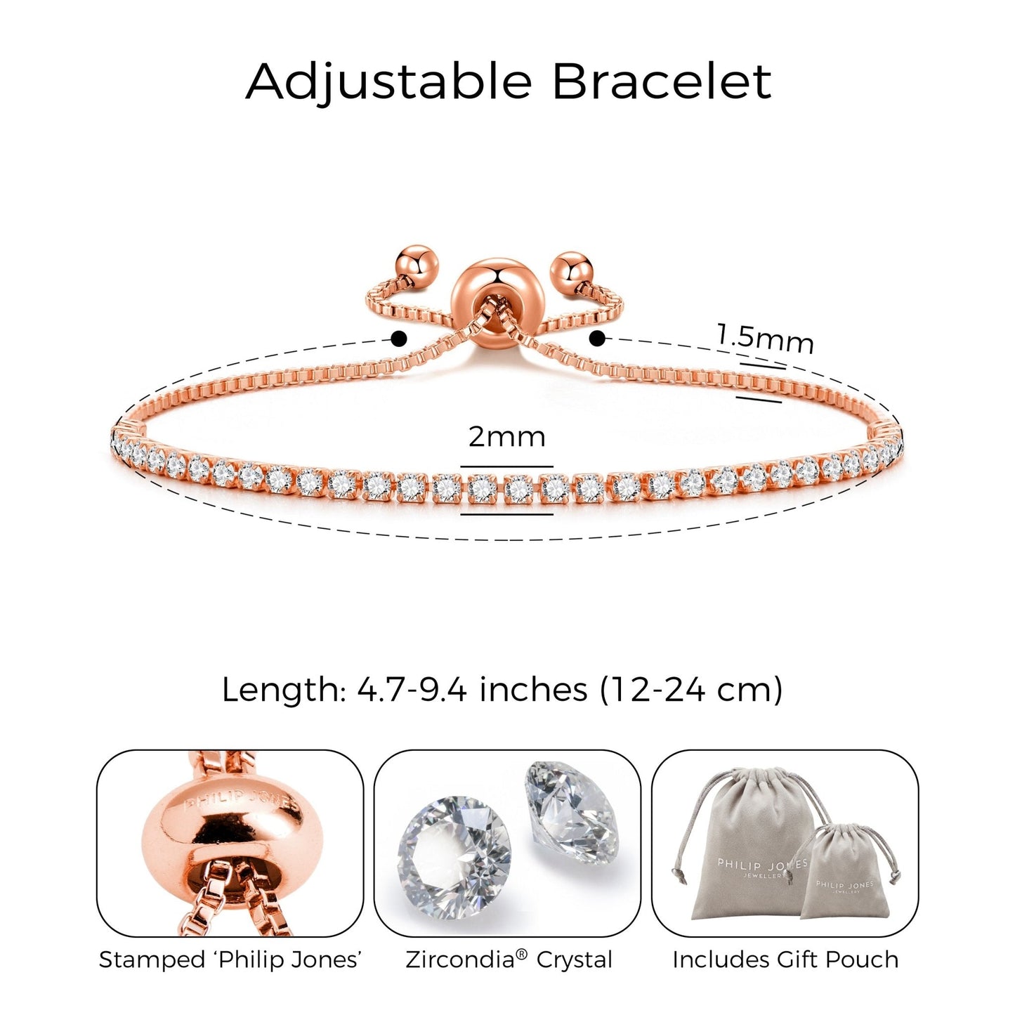 Rose Gold Plated 2mm Adjustable Tennis Bracelet Created with Zircondia® Crystals