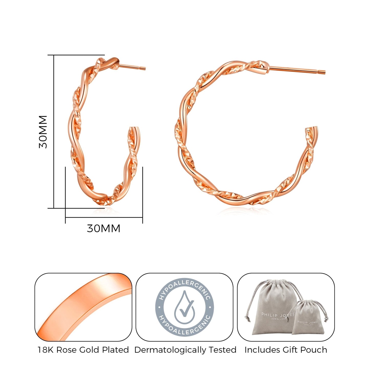 Rose Gold Plated 30mm Twisted Diamond Cut Hoop Earrings