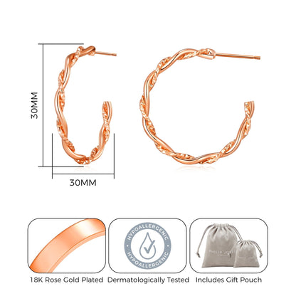 Rose Gold Plated 30mm Twisted Diamond Cut Hoop Earrings