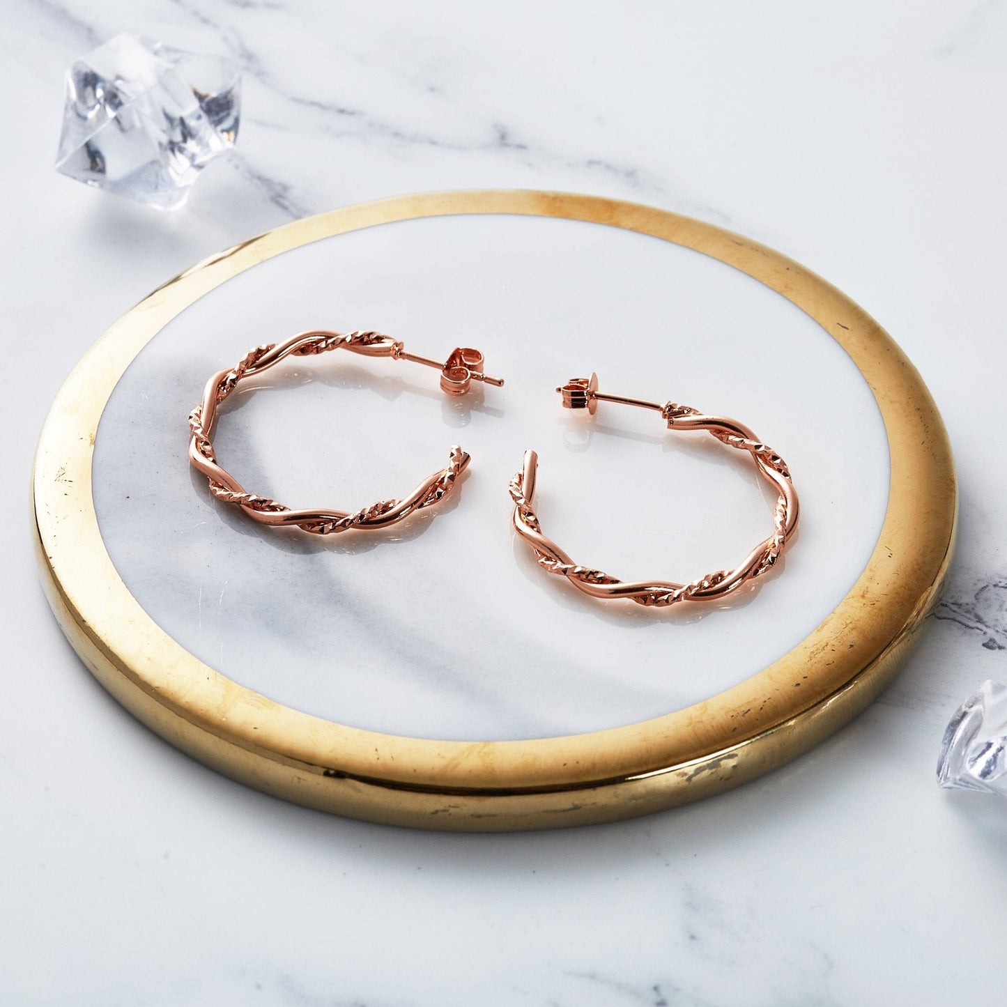 Rose Gold Plated 30mm Twisted Diamond Cut Hoop Earrings