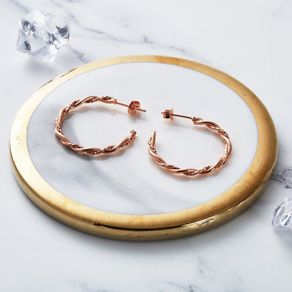 Rose Gold Plated 30mm Twisted Diamond Cut Hoop Earrings