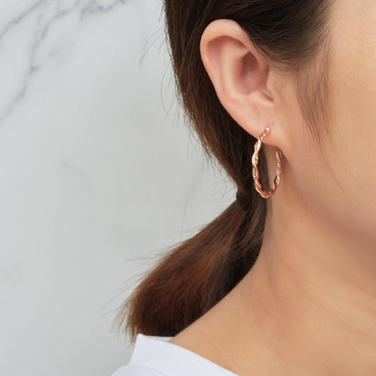Rose Gold Plated 30mm Twisted Diamond Cut Hoop Earrings