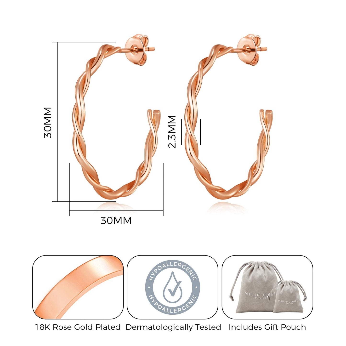 Rose Gold Plated 30mm Twisted Hoop Earrings