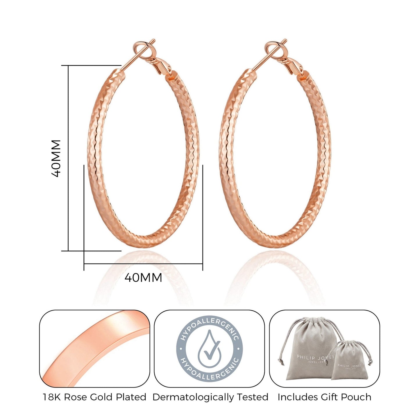 Rose Gold Plated 40mm Diamond Cut Hoop Earrings