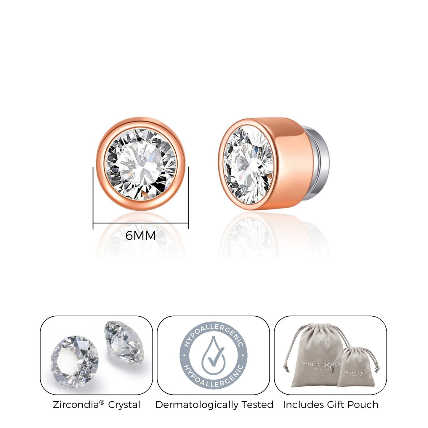 Rose Gold Plated 6mm Magnetic Clip On Earrings Created with Zircondia® Crystals