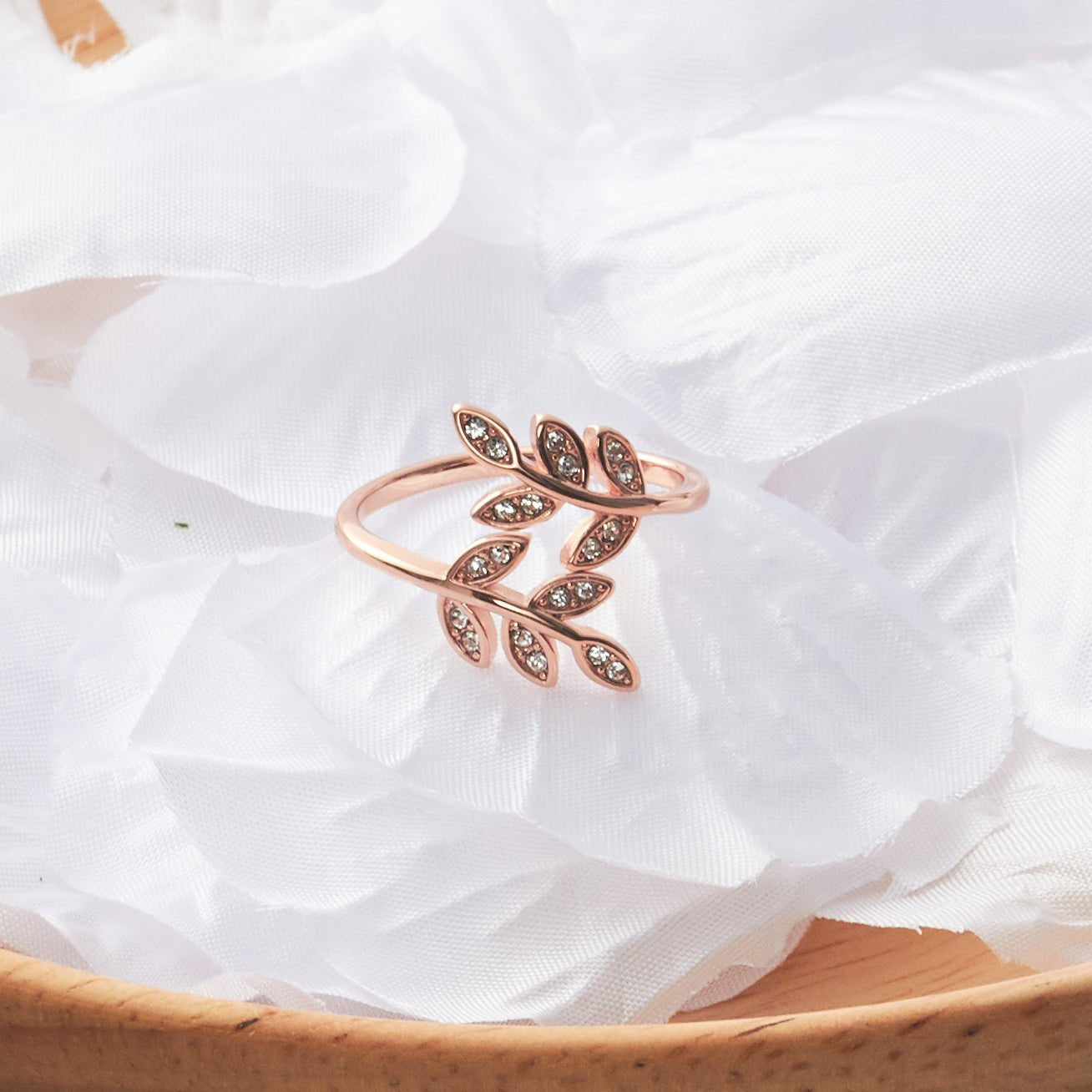 Rose Gold Plated Adjustable Leaf Ring Created with Zircondia® Crystals