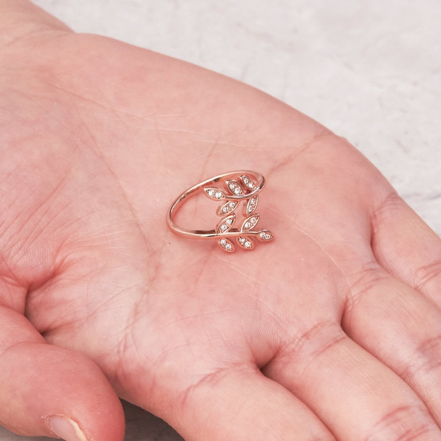 Rose Gold Plated Adjustable Leaf Ring Created with Zircondia® Crystals