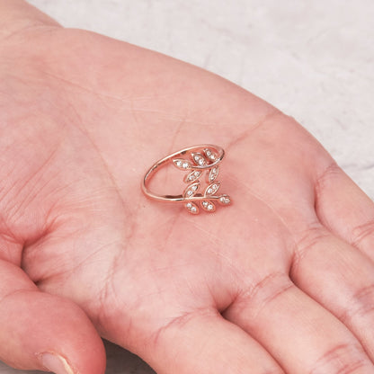 Rose Gold Plated Adjustable Leaf Ring Created with Zircondia® Crystals