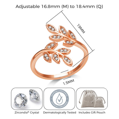 Rose Gold Plated Adjustable Leaf Ring Created with Zircondia® Crystals