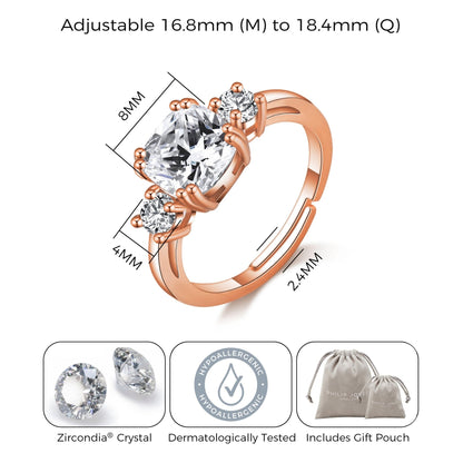Rose Gold Plated Adjustable Three Stone Ring Created with Zircondia® Crystals
