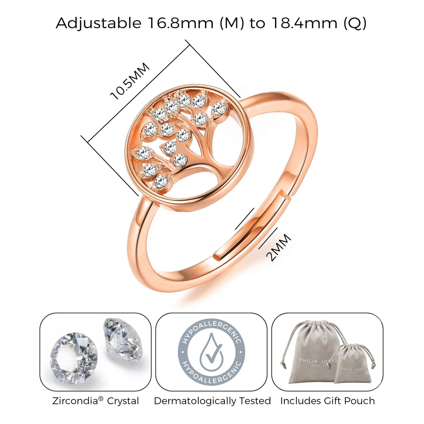 Rose Gold Plated Adjustable Tree of Life Ring Created with Zircondia® Crystals