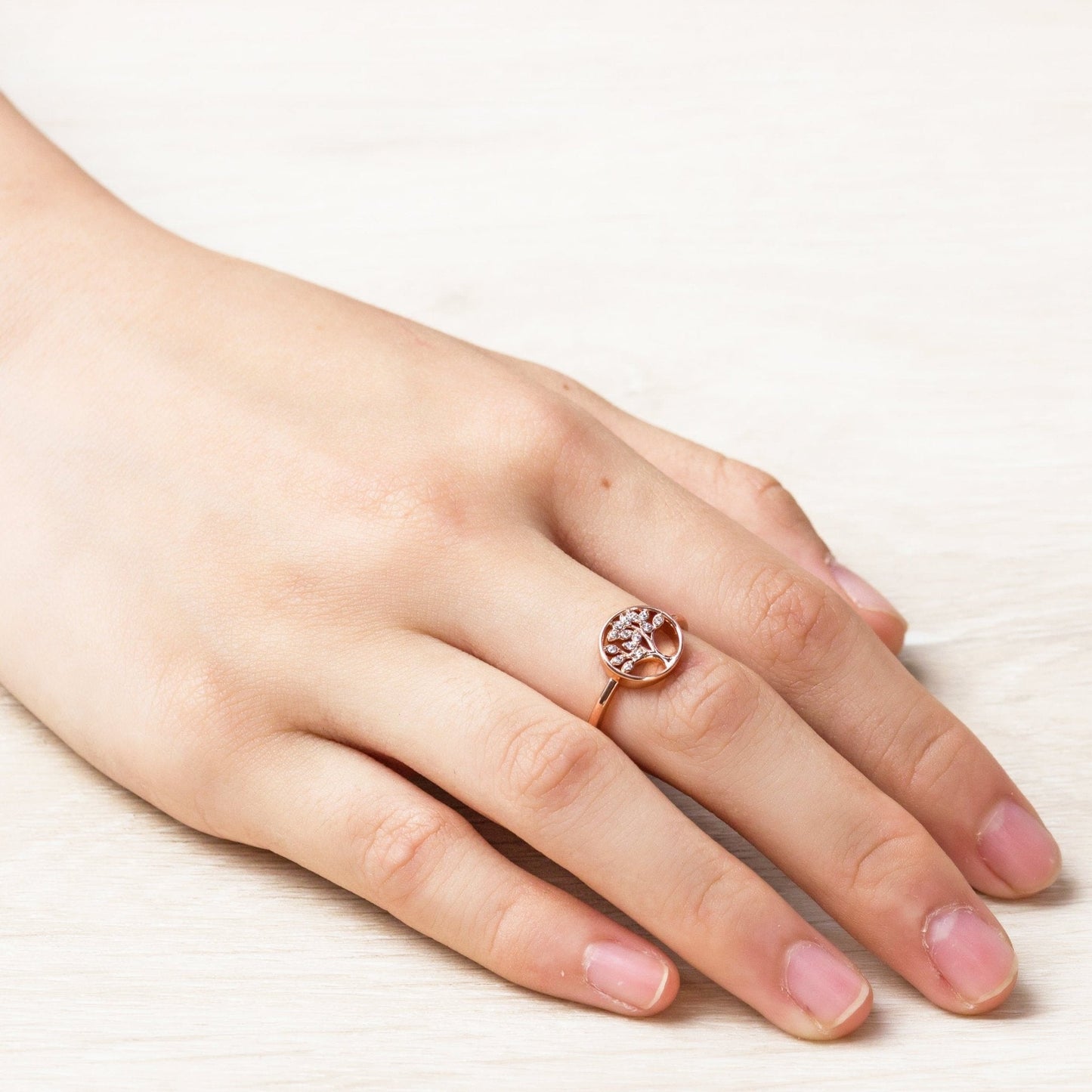 Rose Gold Plated Adjustable Tree of Life Ring Created with Zircondia® Crystals
