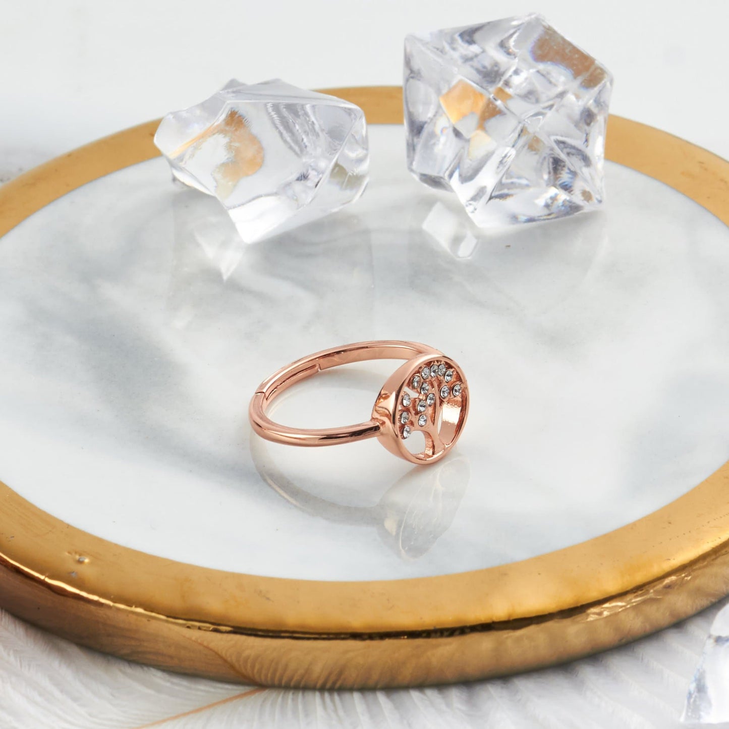 Rose Gold Plated Adjustable Tree of Life Ring Created with Zircondia® Crystals