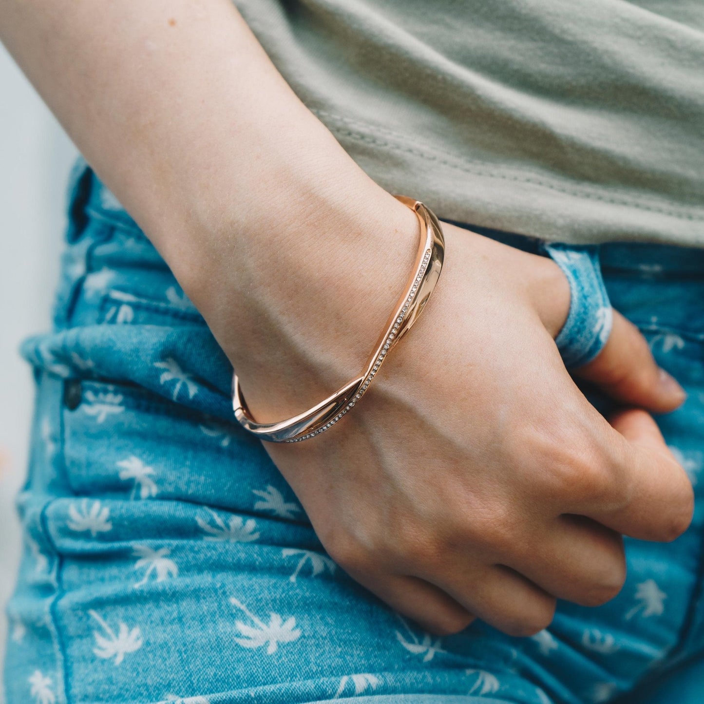 Rose Gold Plated Arc Bangle Created with Zircondia® Crystals (7 Inch)
