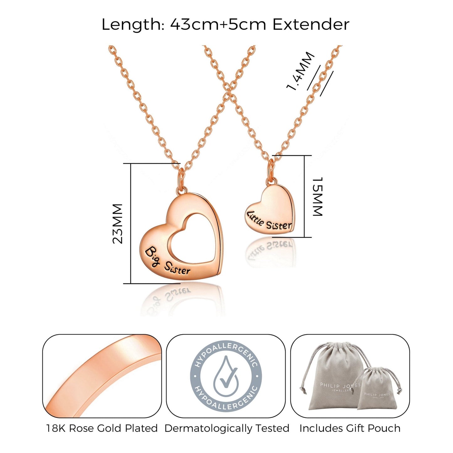 Rose Gold Plated Big Sister and Little Sister Necklace Set with Quote Card