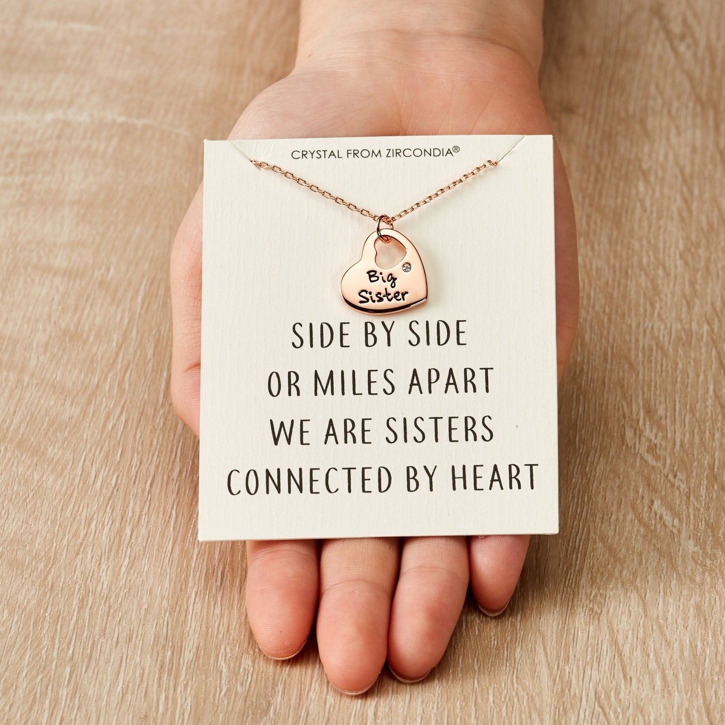 Rose Gold Plated Big Sister Heart Necklace with Quote Card Created with Zircondia® Crystals