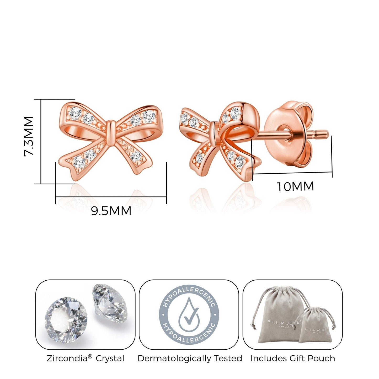 Rose Gold Plated Bow Earrings Created with Zircondia® Crystals