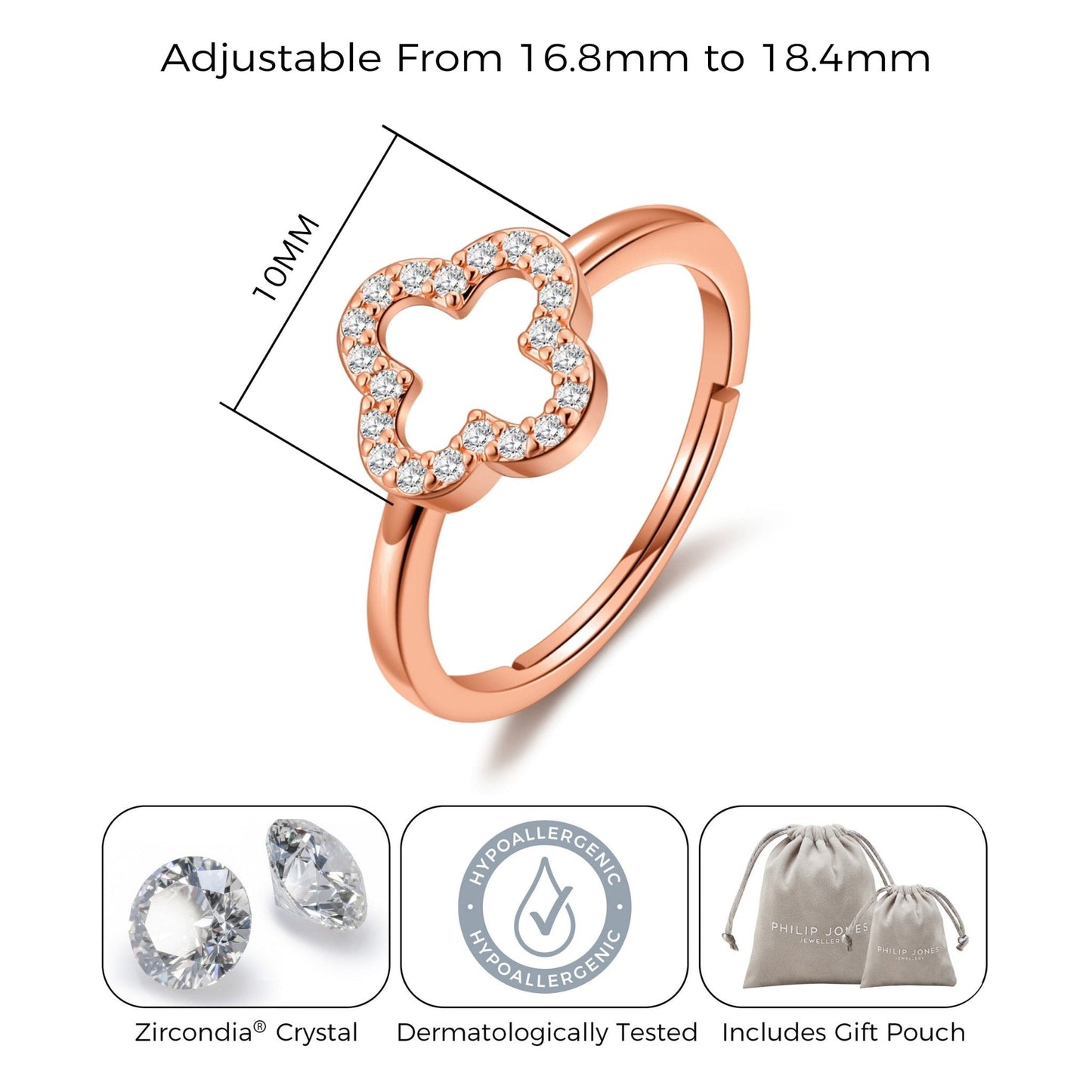 Rose Gold Plated Clover Ring Created with Zircondia® Crystals