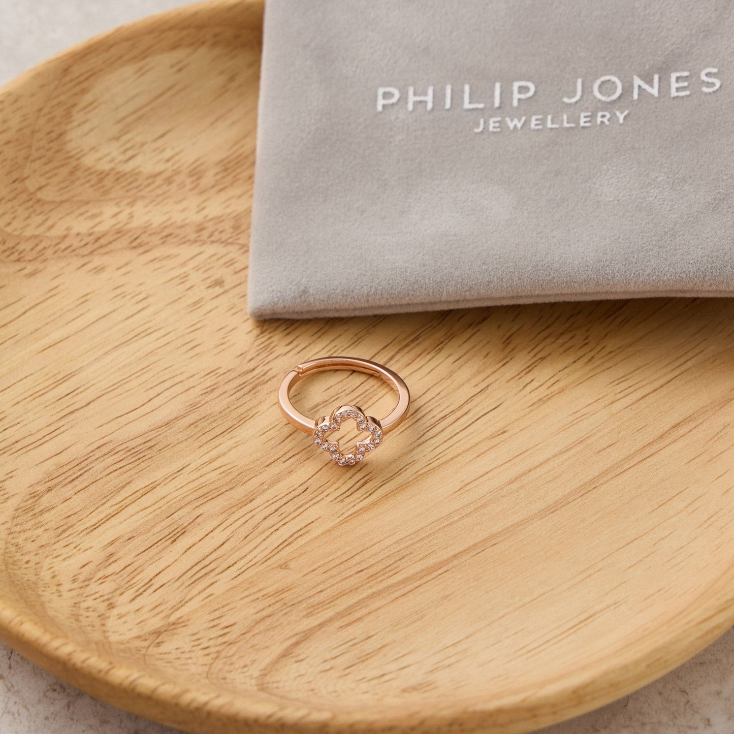 Rose Gold Plated Clover Ring Created with Zircondia® Crystals