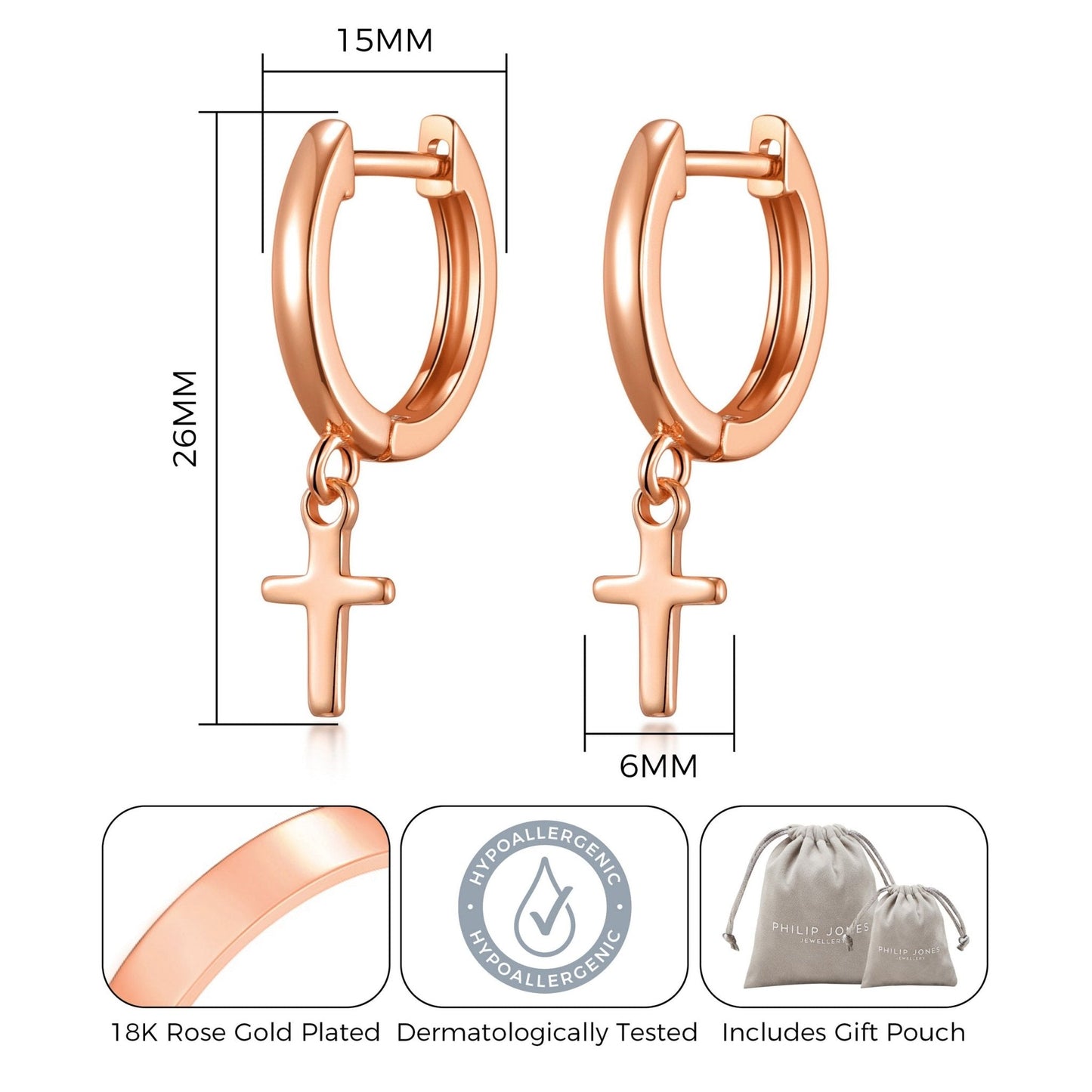 Rose Gold Plated Cross Charm Hoop Earrings