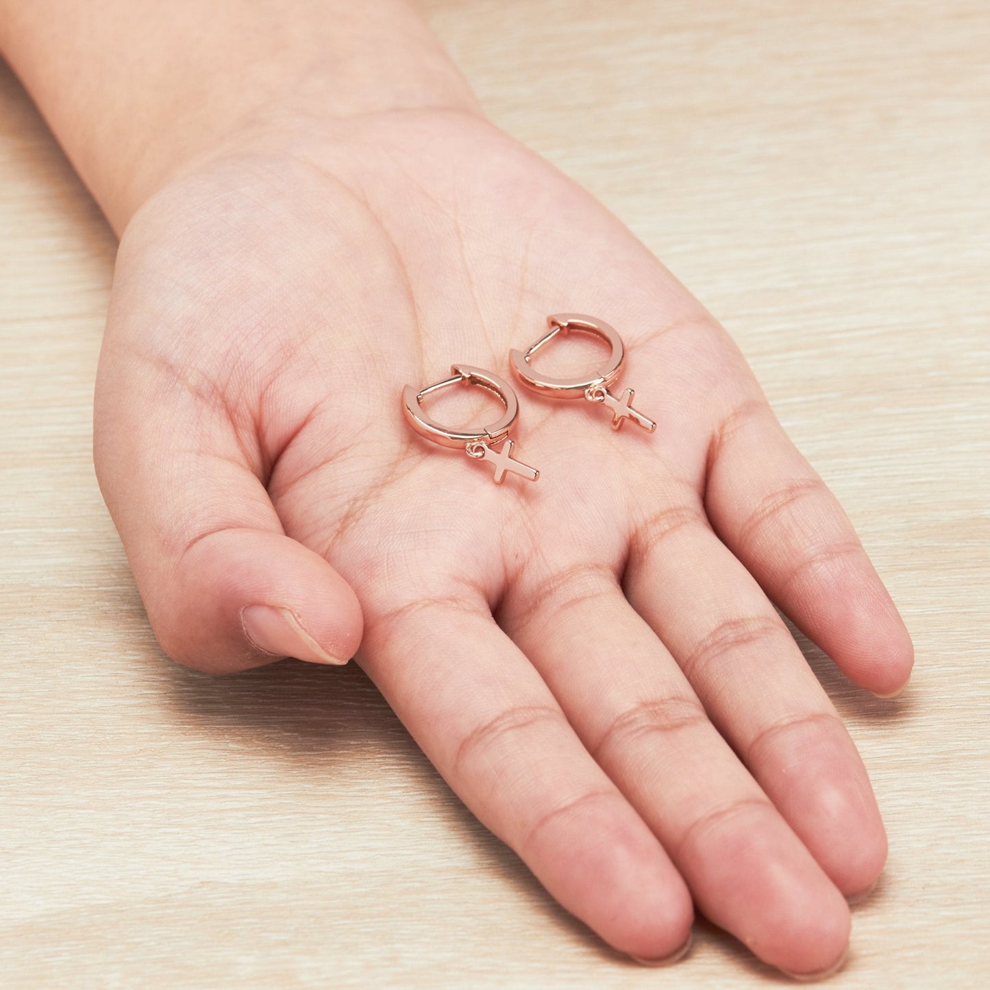 Rose Gold Plated Cross Charm Hoop Earrings