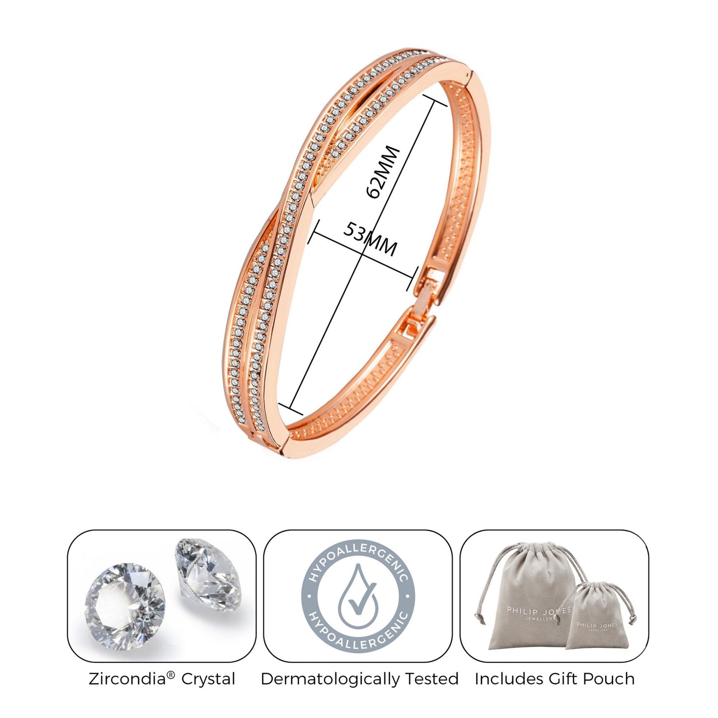 Rose Gold Plated Crossover Bangle Created with Zircondia® Crystals (7 Inch)