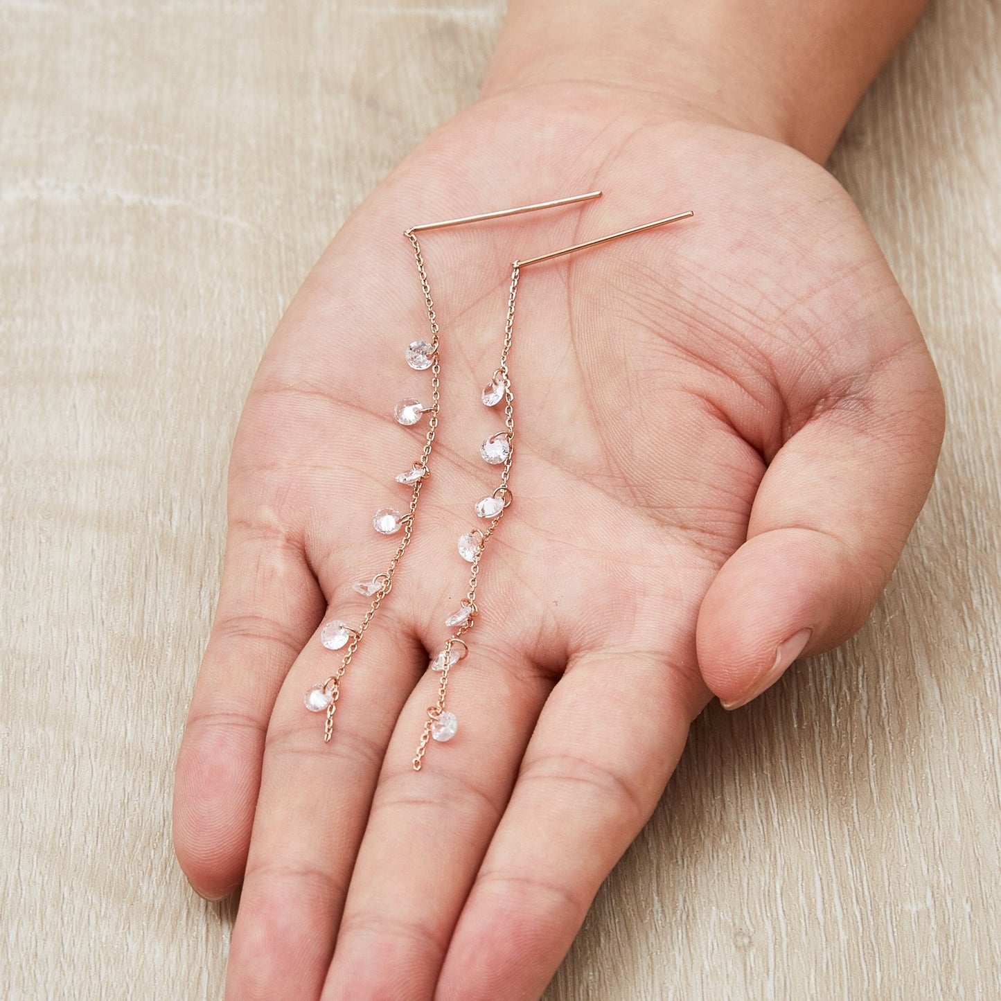Rose Gold Plated Dangle Thread Earrings Created with Zircondia® Crystals