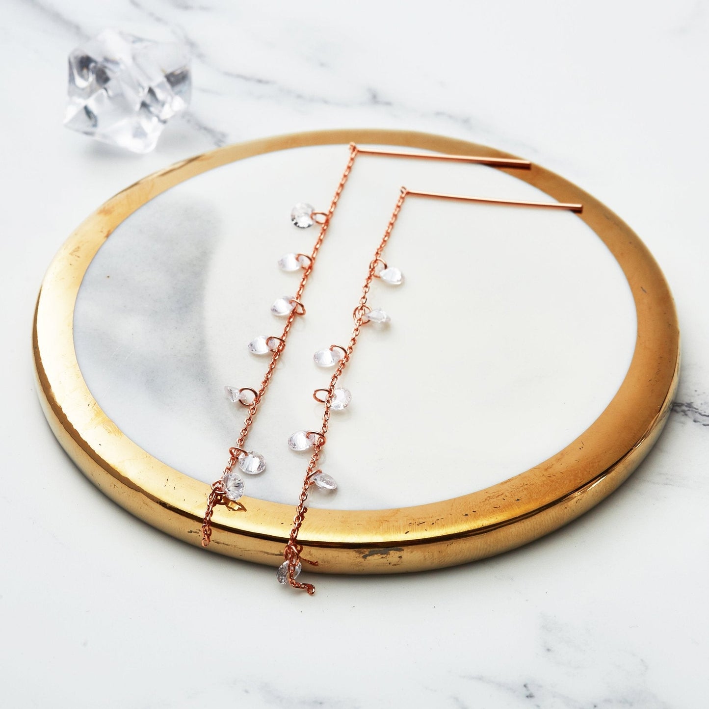 Rose Gold Plated Dangle Thread Earrings Created with Zircondia® Crystals