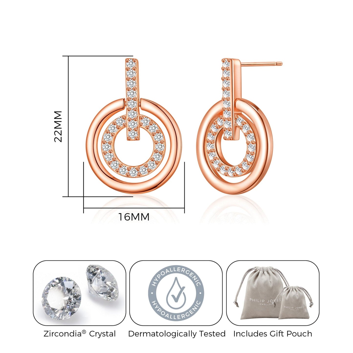 Rose Gold Plated Double Circle Drop Earrings Created with Zircondia® Crystals