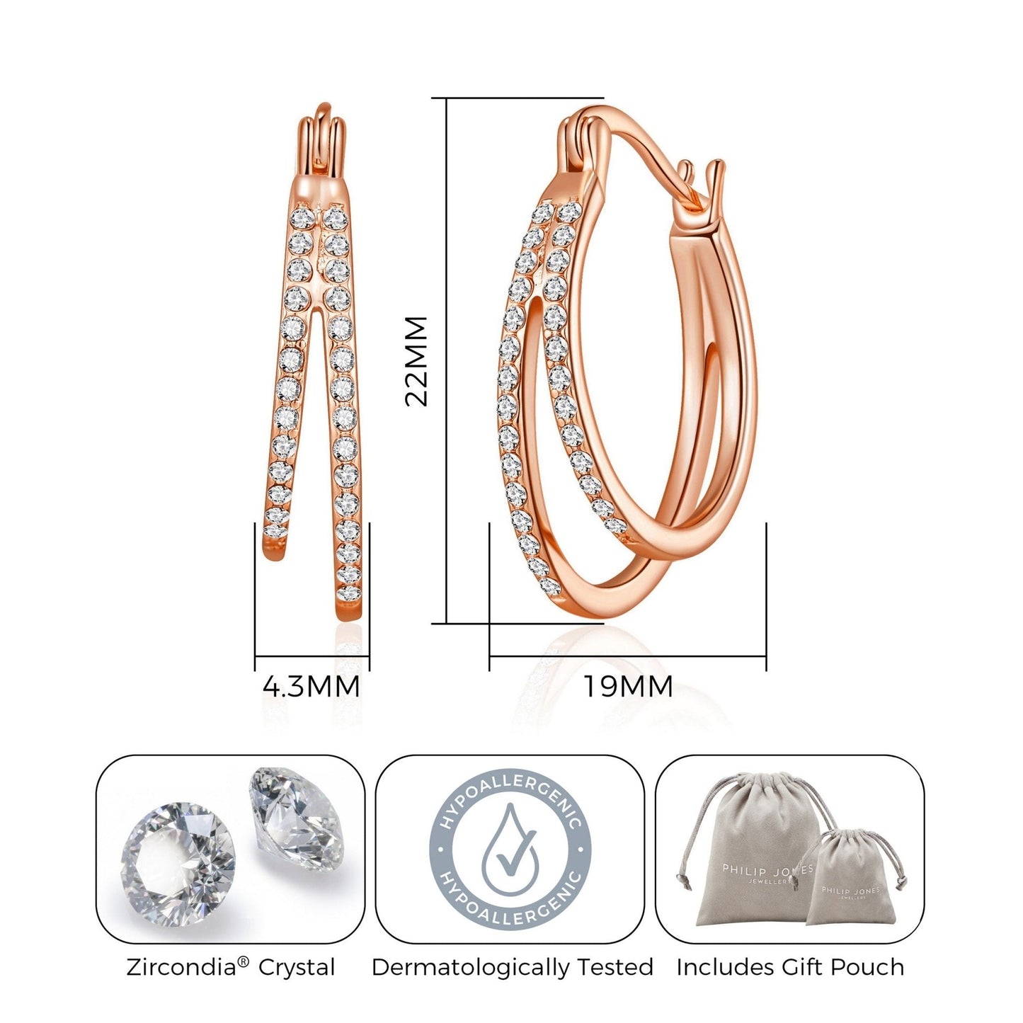 Rose Gold Plated Double Hoop Earrings Created with Zircondia® Crystals