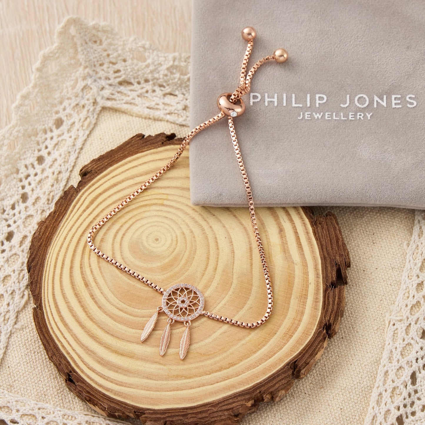 Rose Gold Plated Dream Catcher Friendship Bracelet Created with Zircondia® Crystals