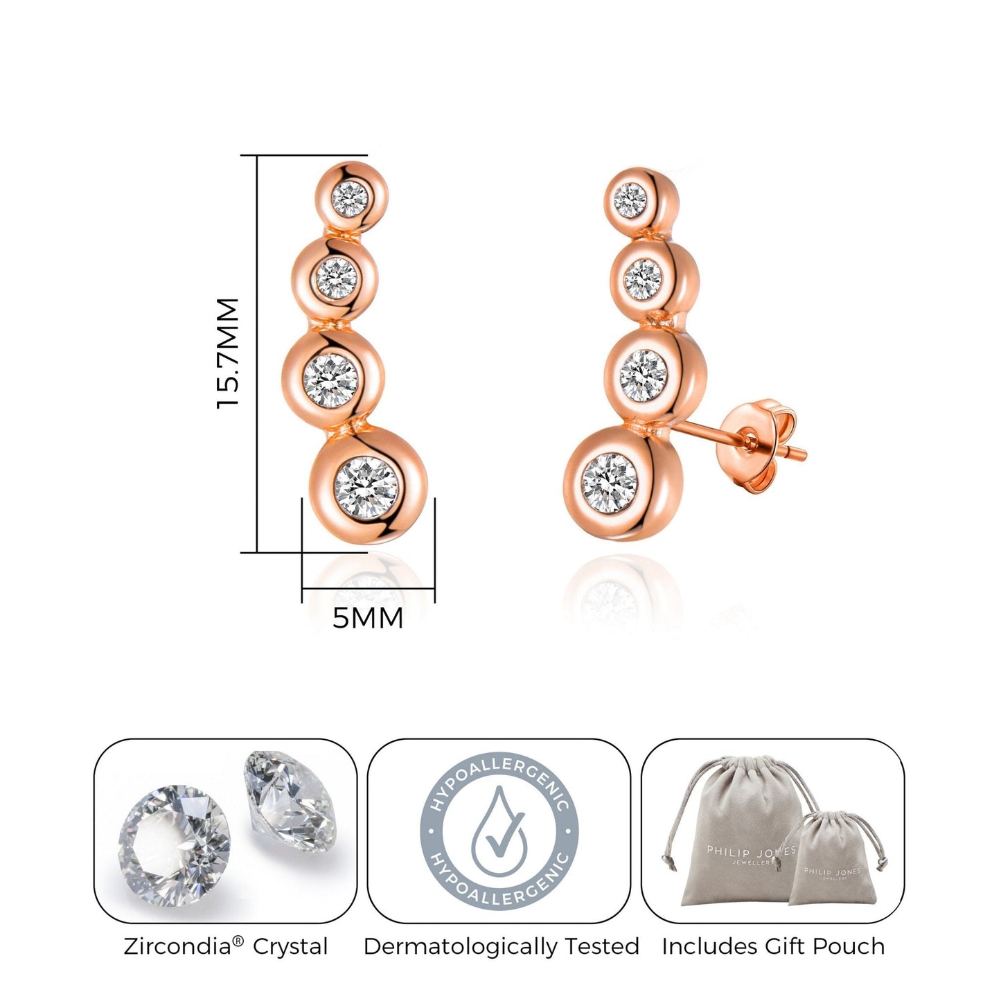 Rose Gold Plated Four Stone Climber Earrings Created With Zircondia® Crystals