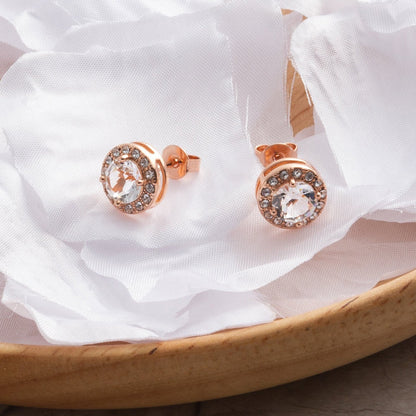 Rose Gold Plated Halo Earrings Created with Zircondia® Crystals