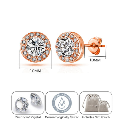 Rose Gold Plated Halo Earrings Created with Zircondia® Crystals